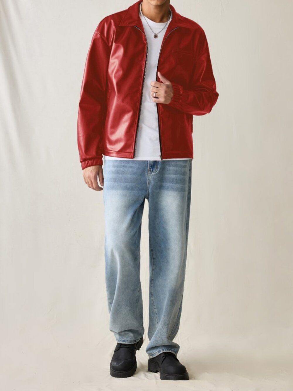 Red Casual Men's Faux Leather Collar Zip Jacket